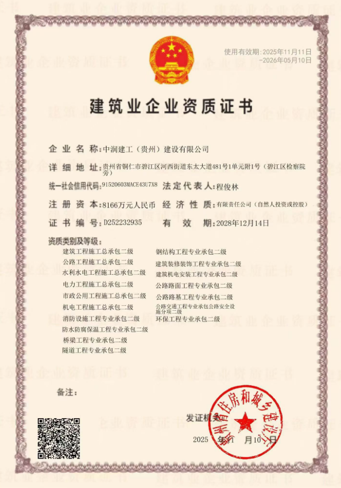 中潤建工(貴州)建設有限公司證書